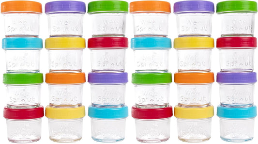 WeeSprout Baby Food Storage Glass Jars w/Lids (4 oz, 24 Pack) Bright Variety, Snack, Reusable Small