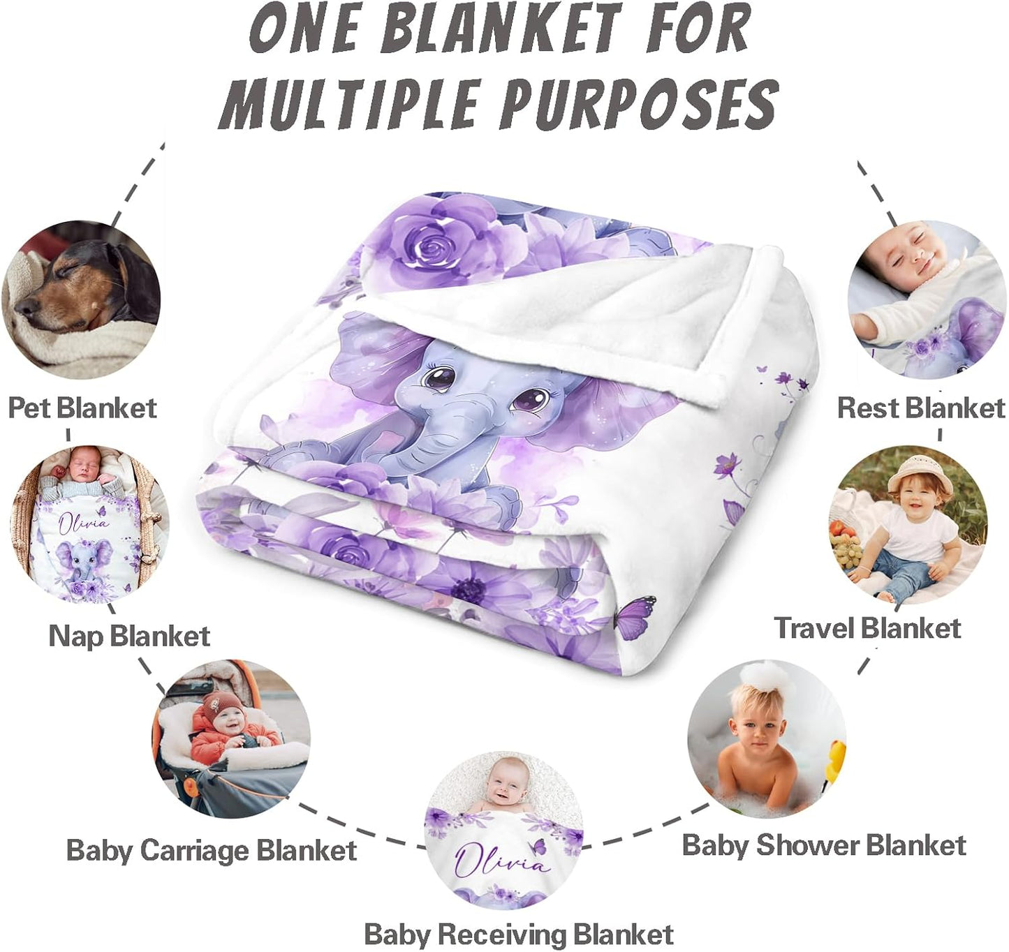 Personalized Baby Blanket for Girls Custom Baby Blanket with Name for Kids Custom Elephants Blanket