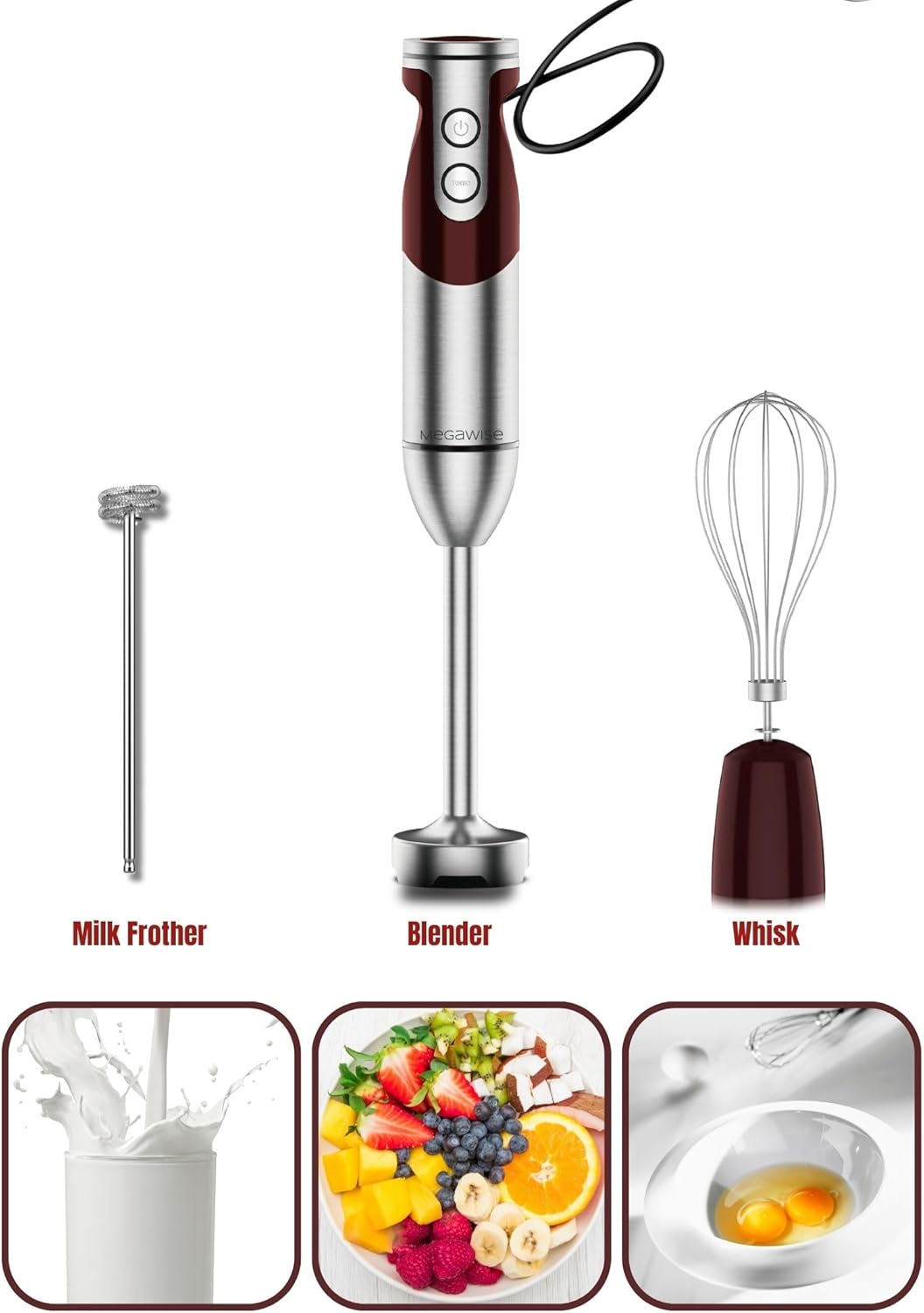 MegaWise Pro Titanium Reinforced 3-in-1 Immersion Corded Hand Blender, Powerful MOTOR with 80%