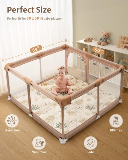 Blissful Diary Baby Play Mats for Floor, 59x59 Inch Thicker and Larger Soft Cushioning Foam Playmats for Babies and Toddlers, Foldable Washable Baby Playpen Mat, Earth Tones Design