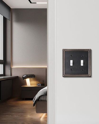 2-Pack Double Toggle Light Switch Cover Plate, Pearls Decorative Dual Switch Plate Covers, Aged Bronze 2 Gang Metal Wall Plate, Corrosion Resistant