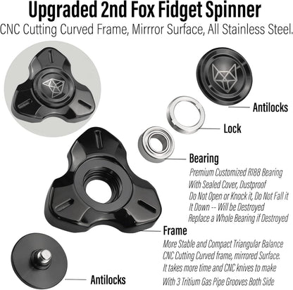 FREELOVE Metal Fidget Spinner, Stainless Steel Heavy, Long Spinning Toys, Cool Silent, Small Mini 2nd Fox Figette Spiner for Adults Men Anxiety, Quiet Bearing, Black