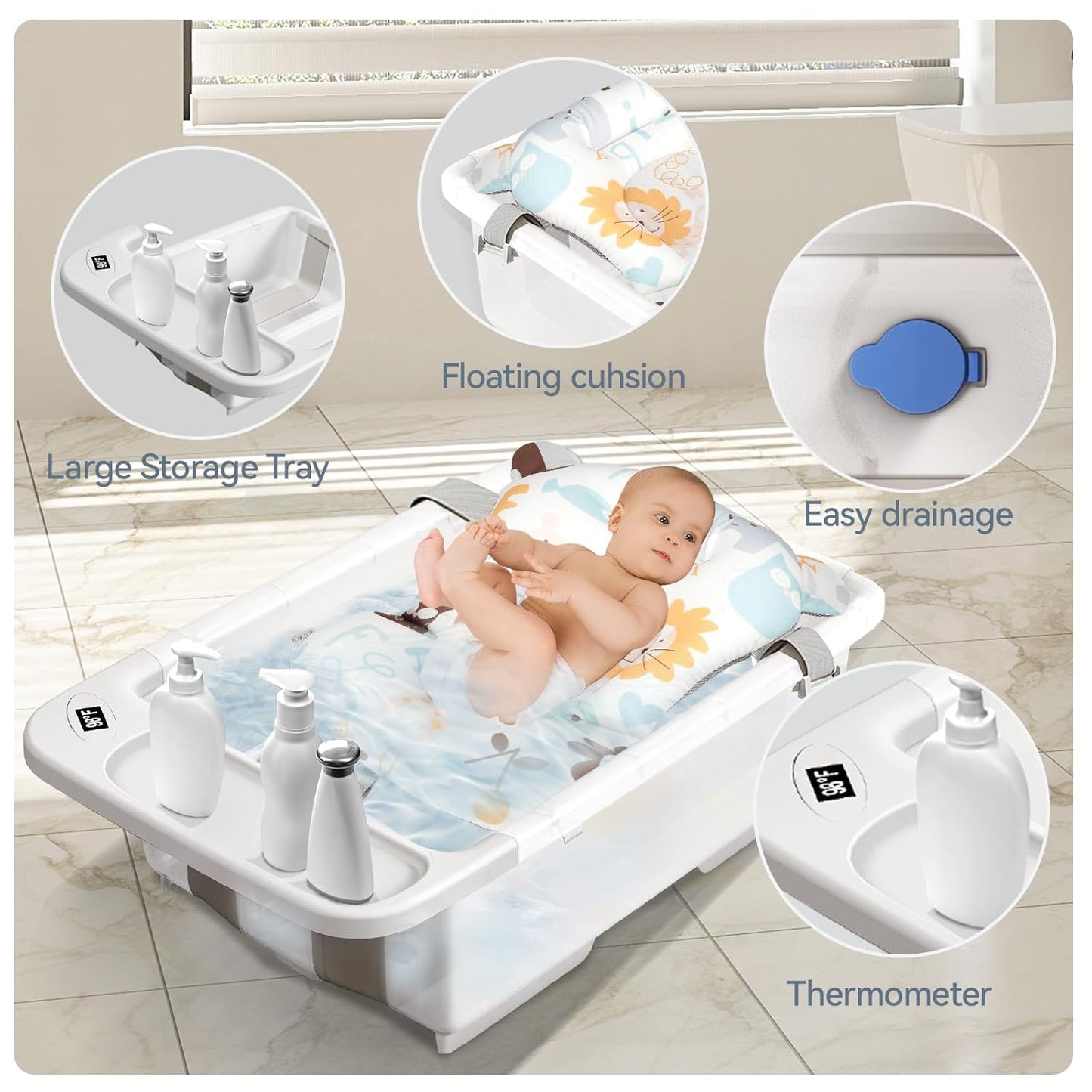Collapsible Baby Bathtub - Large Capacity Baby Bath Tub with Thermometer & Soft Cushion | Portable