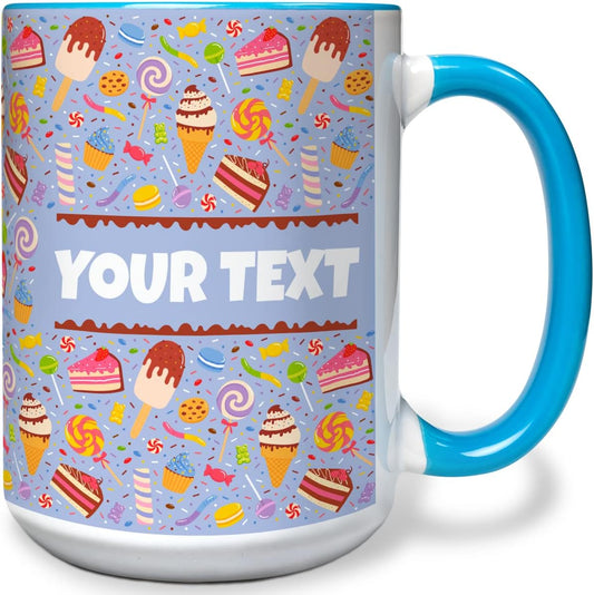 Personalized Mug for Kids - Sweets - Custom Name/Text, Ceramic Hot Chocolate/Cocoa/Coffee Cup for Boys/Girls, Birthday/Christmas/Holiday Gift - 15 oz, Light Blue Handle