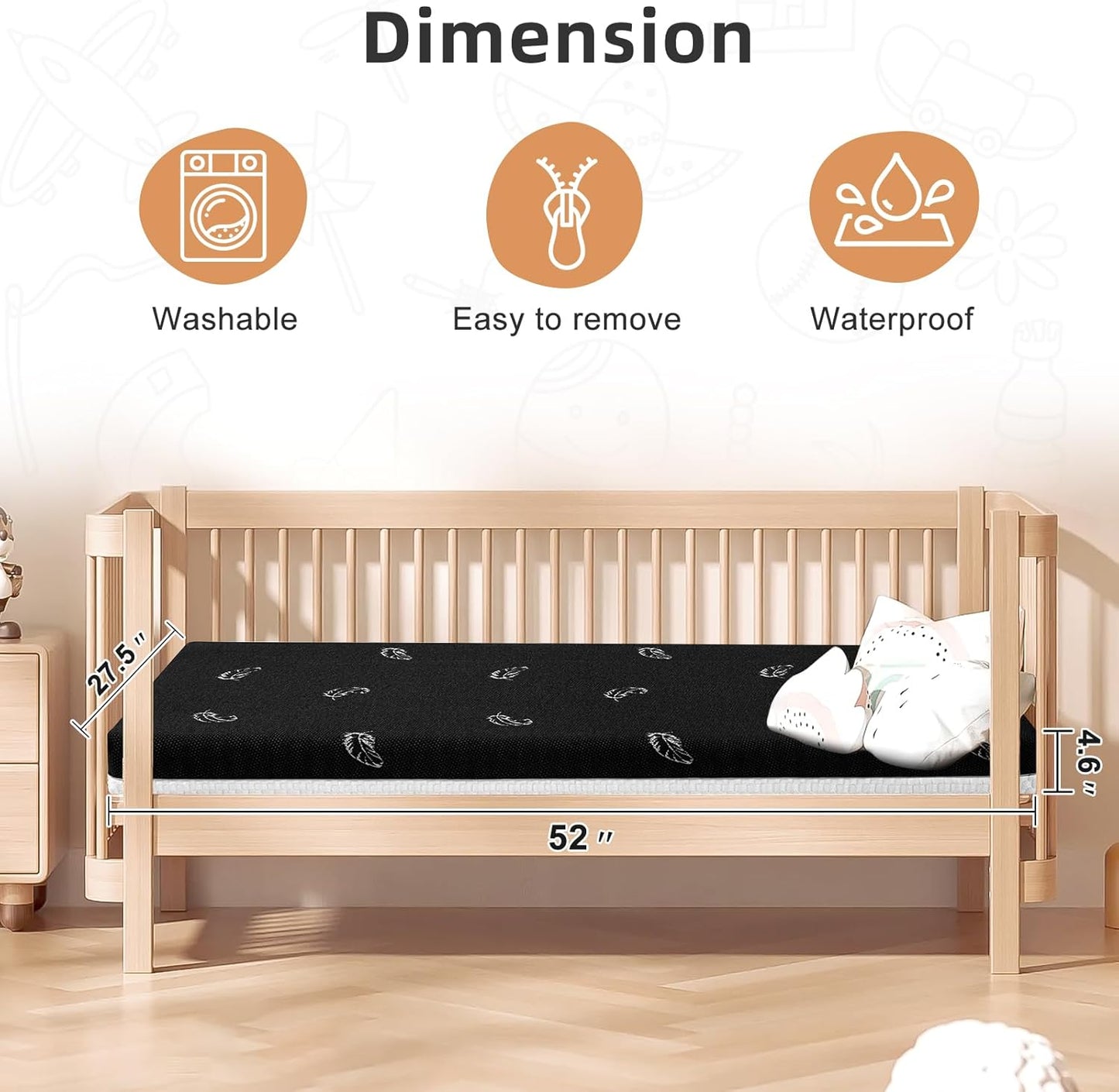 Crib Mattress, 52 x 27 Dual-Sided Comfort Baby and Toddler Mattress with Memory Foam, Waterproof, Breathable & Removable Cover with One of Side Cooling Fibers Specially Designed for Summer