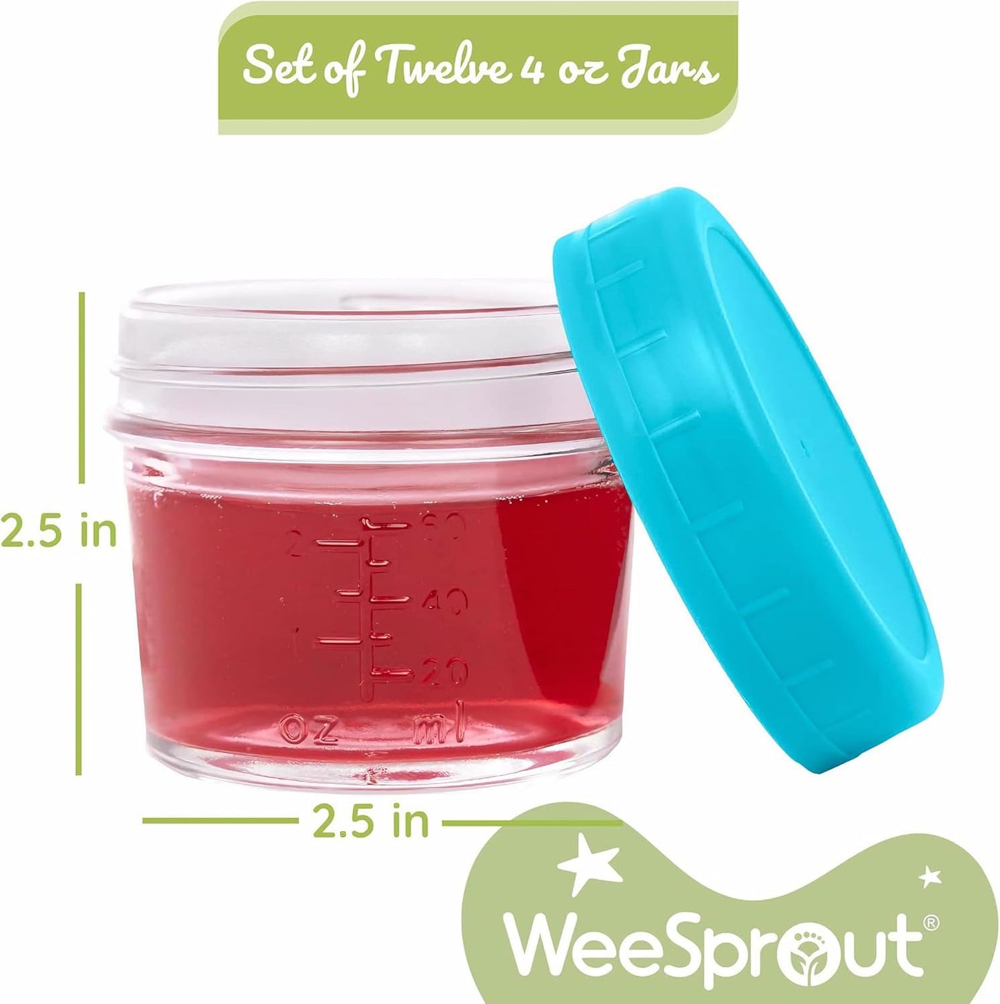 WeeSprout Baby Food Storage Glass Jars w/Lids (4 oz, 24 Pack) Bright Variety, Snack, Reusable Small