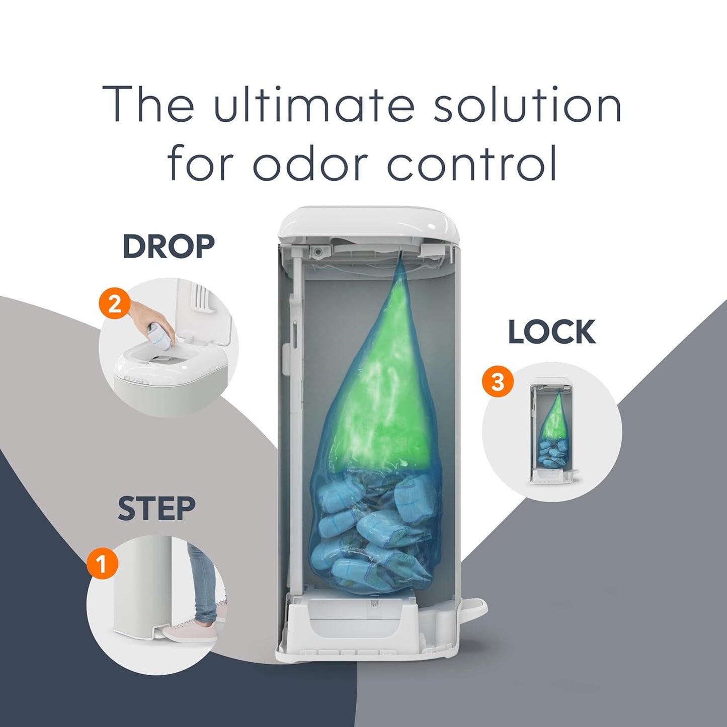 Platinum Diaper Pail Stone Grey, Made of Durable Stainless Steel, Convenient Easy to Use Hands-Free Operation, Odor-Locking Pail, Includes 2 Easy Roll Refill with 18 and 30 Durable Bags