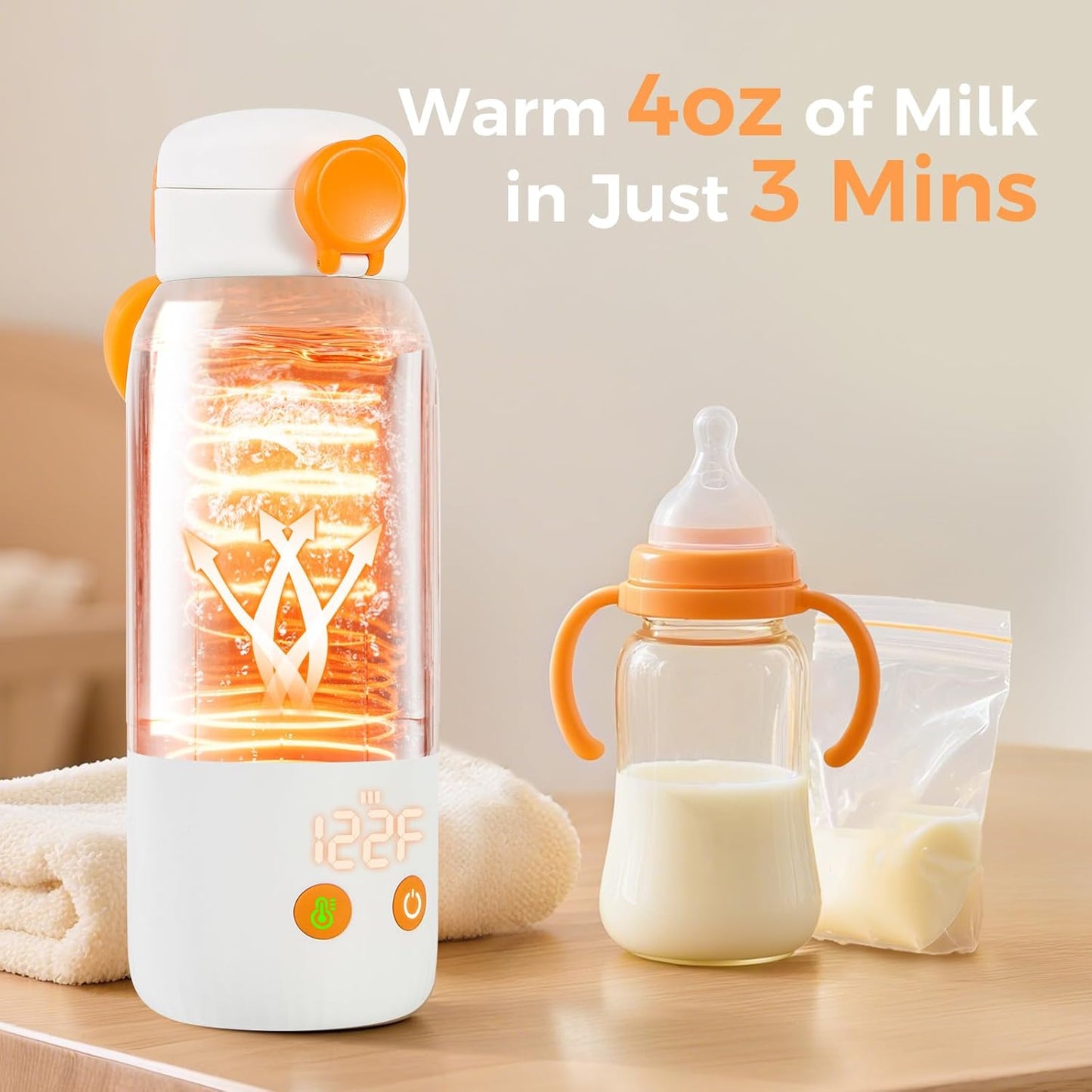 Portable Bottle Warmer for Travel, 12oz Large Capacity Fast Heating Breast Milk, Water & Formula On