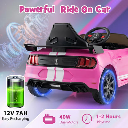 Costzon Ride on Car, 12V Licensed Ford Mustang Shelby GT500 Kids' Electric Vehicles w/Remote Control, USB Port, Radio, Music, Player, High Low Speed & Soft Start, Racing Kids Car for Toddlers (Pink)