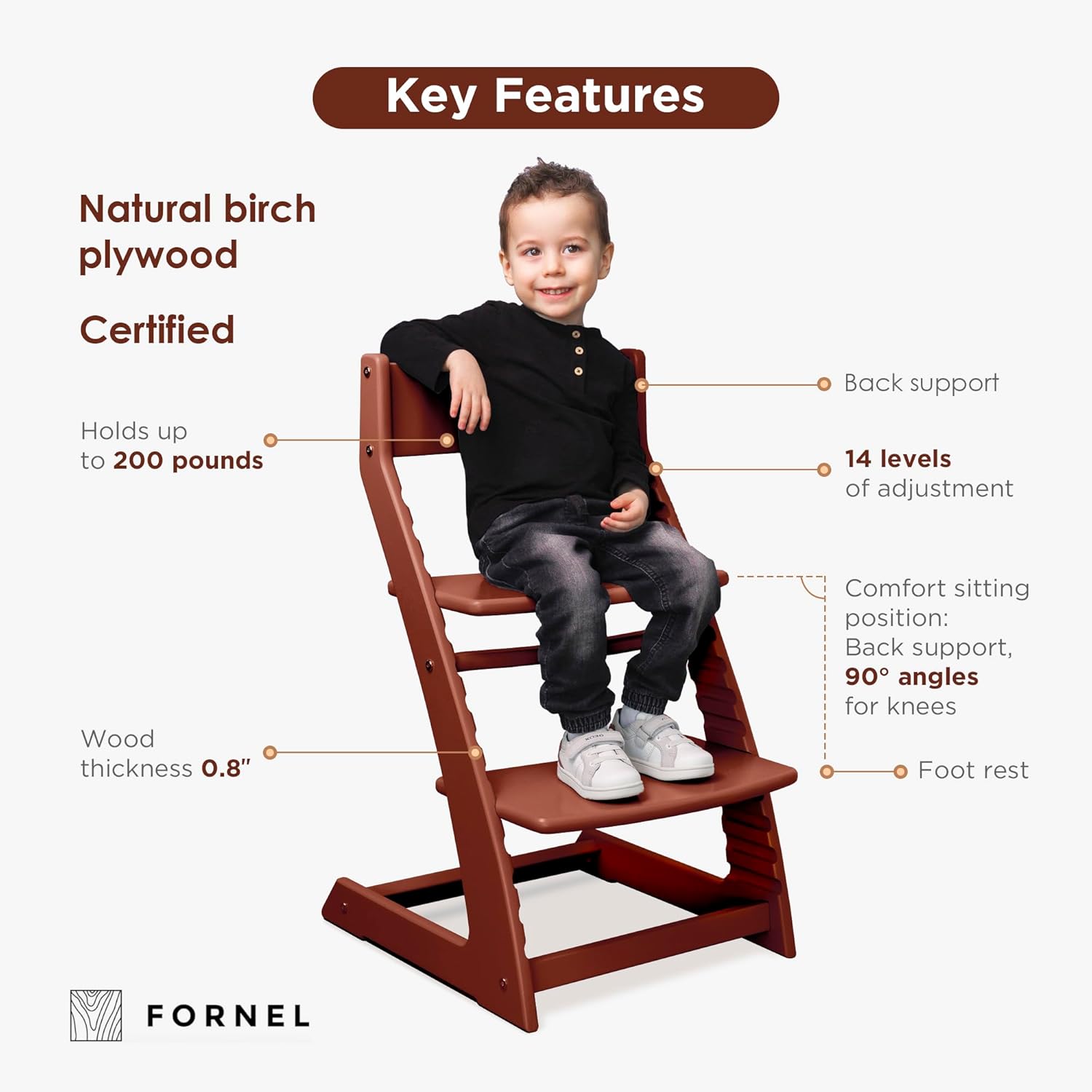 FORNEL Adjustable High Chair in Dark Walnut Finish | The Forever Chair That Grows from Toddler to