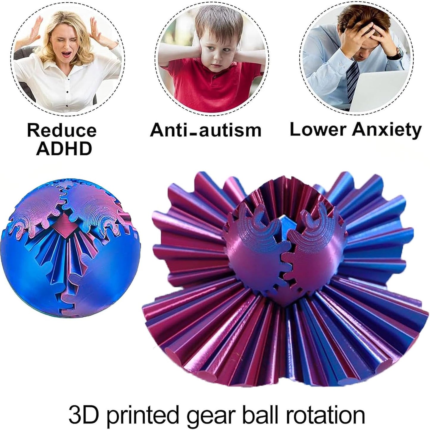 3D Printed Gear Ball, Gear Sphere Fidget Toy, Gear Ball Spin Ball or Cube Fidget Toy, Stress Ball, GearSphere Desk Toy for Stress and Anxiety Relaxin Kids Adult Birthday (Laser Violet)