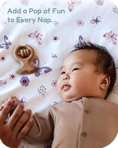 Pack and Play Sheets Fitted, Soft Purple+Butterflies, Hypoallergenic, Cozy and Safe, 2 Pack for