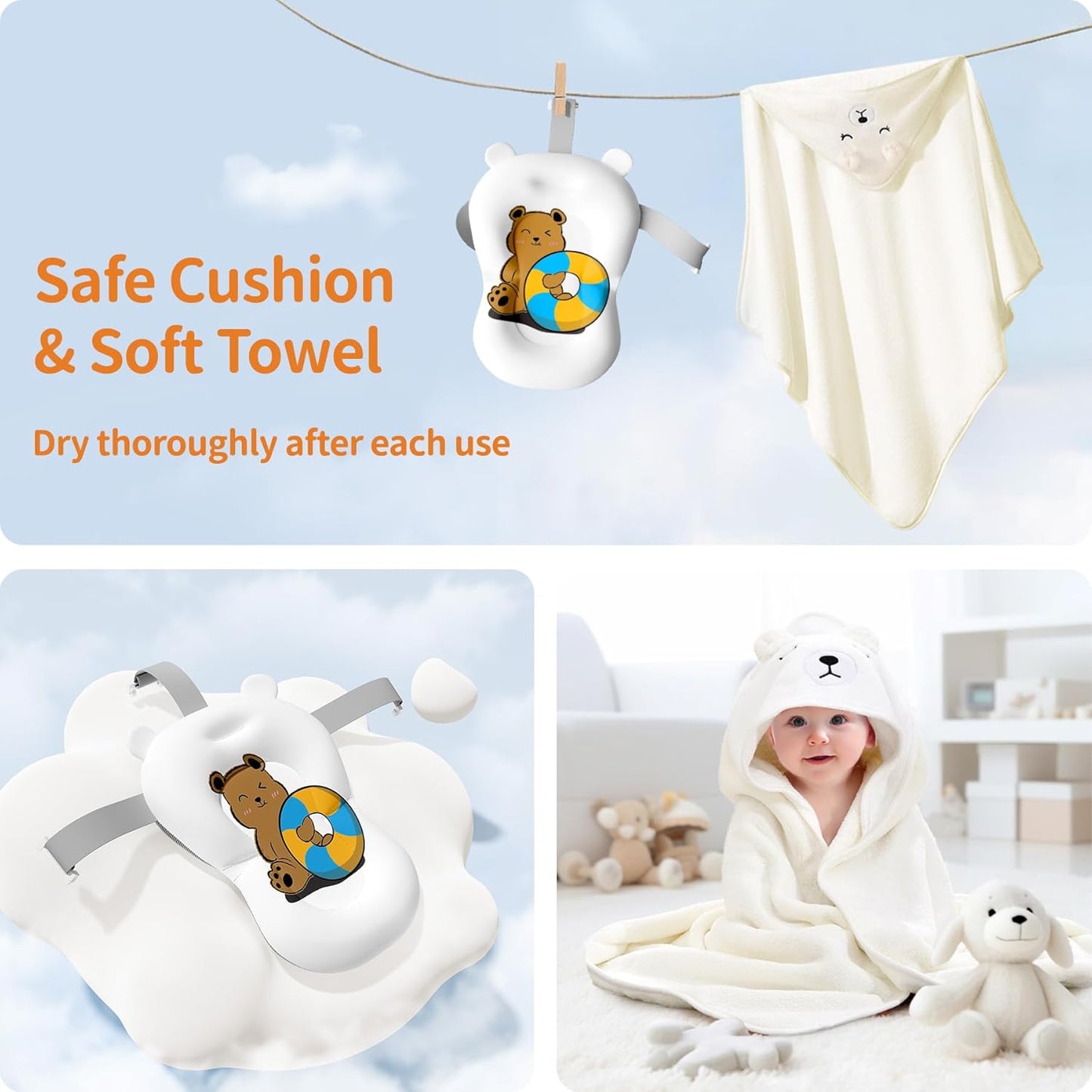 Collapsible Baby Bathtub with Soft Towel and Floating Cushion, Infant Bathtub for Newborn to