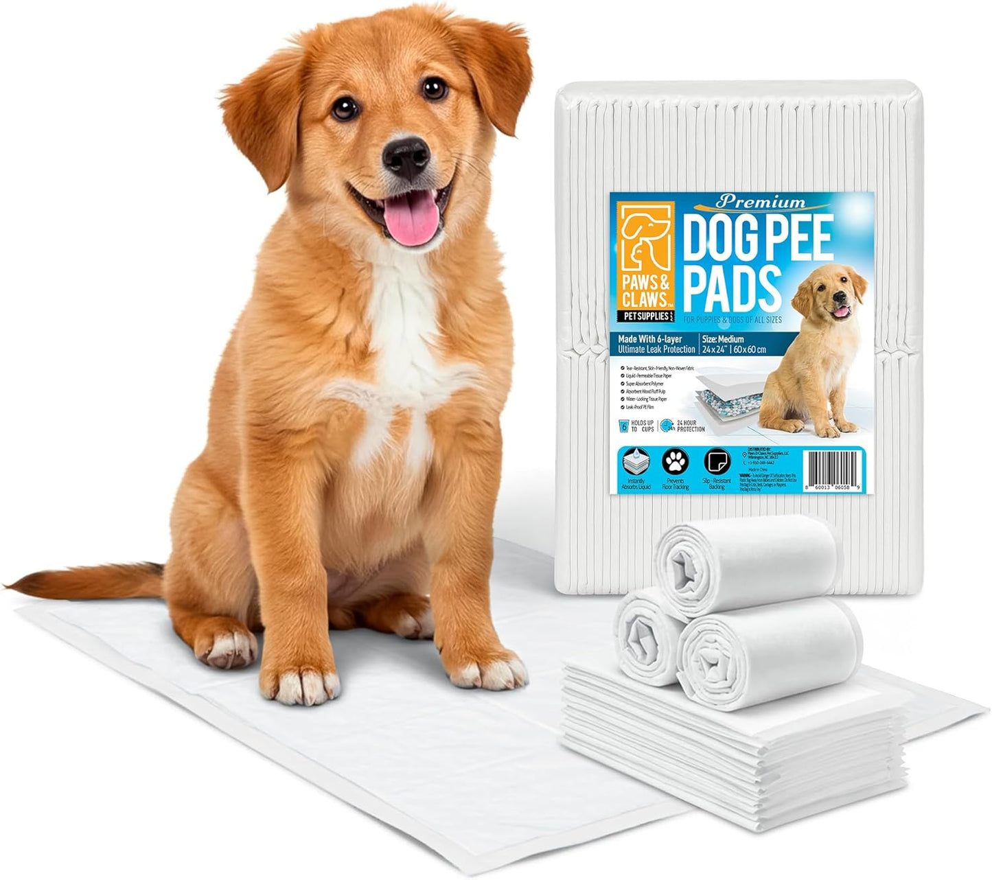 Paws & Claws Premium Disposable Dog Pee Pads – Medium 24"x24", 50 Count – 6-Layer Leak‑Proof, Super Absorbent (Holds 6 Cups), Odor Control, Quick‑Drying, Non‑Slip – Puppy & Senior Training