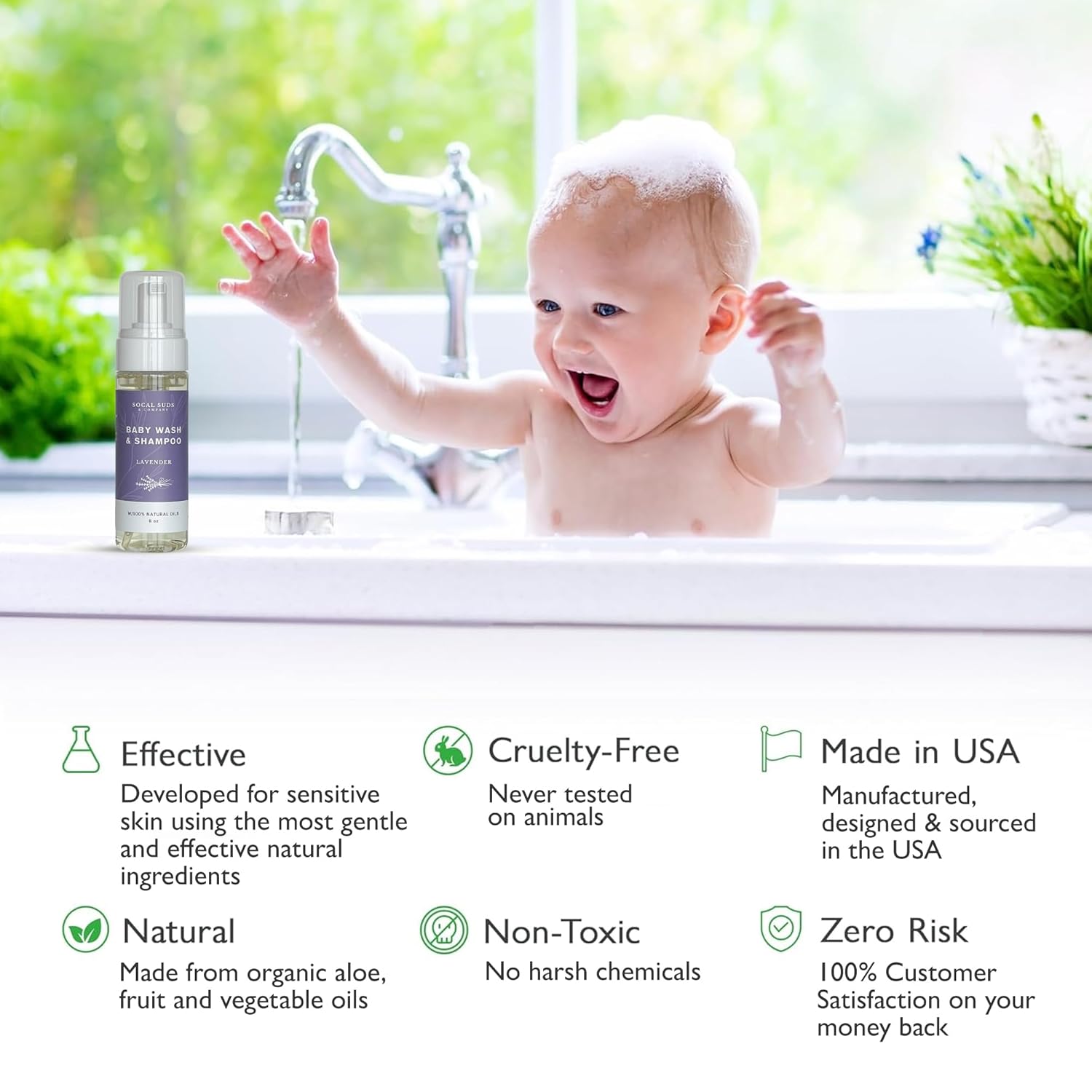 SoCal Suds & Company 2-in-1 Organic Foaming Shampoo & Body Wash - Gentle Botanical Baby Wash for