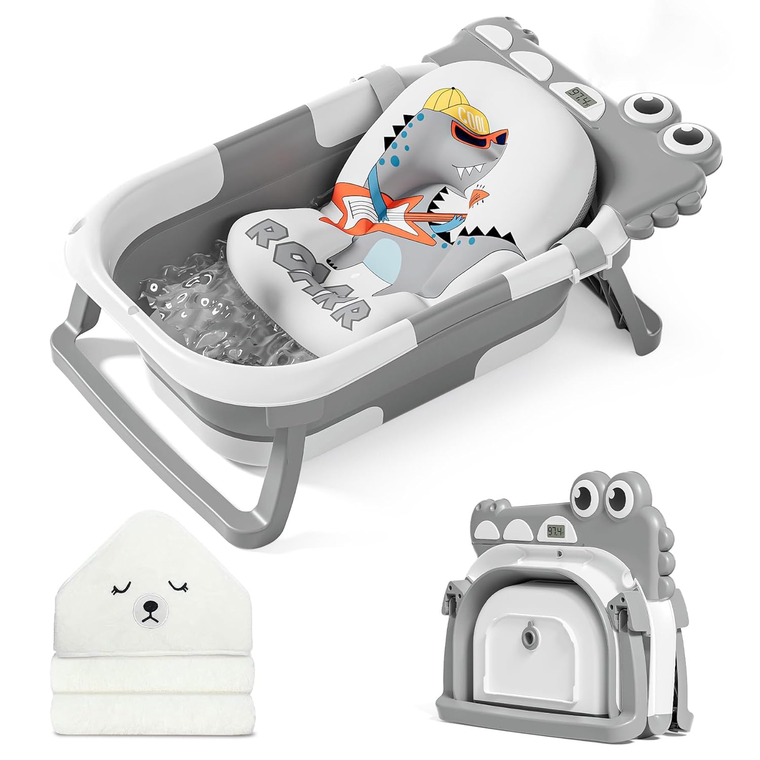 MoreFeel Collapsible Baby Bathtub for Newborn with Thermometer & 1 Hooded Towel & 1 Soft Floating