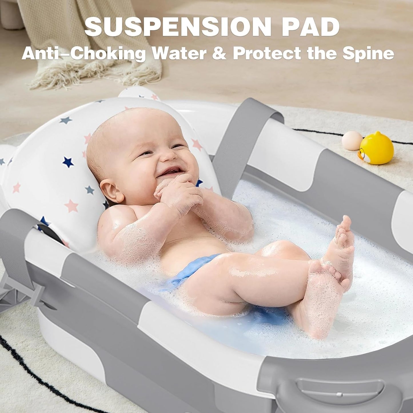 MoreFeel Collapsible Baby Bathtub for Newborn with Thermometer & 1 Hooded Towel & 1 Soft Floating