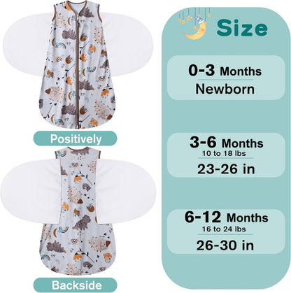 Newborn Sleep Sack Baby Swaddle,3-Way Adjustable Wearable Blanket,100% Rayon Cotton Swaddling Sleeping Bag，TOG 0.5 (Fox & Dinosaurs, 6-12 Months)