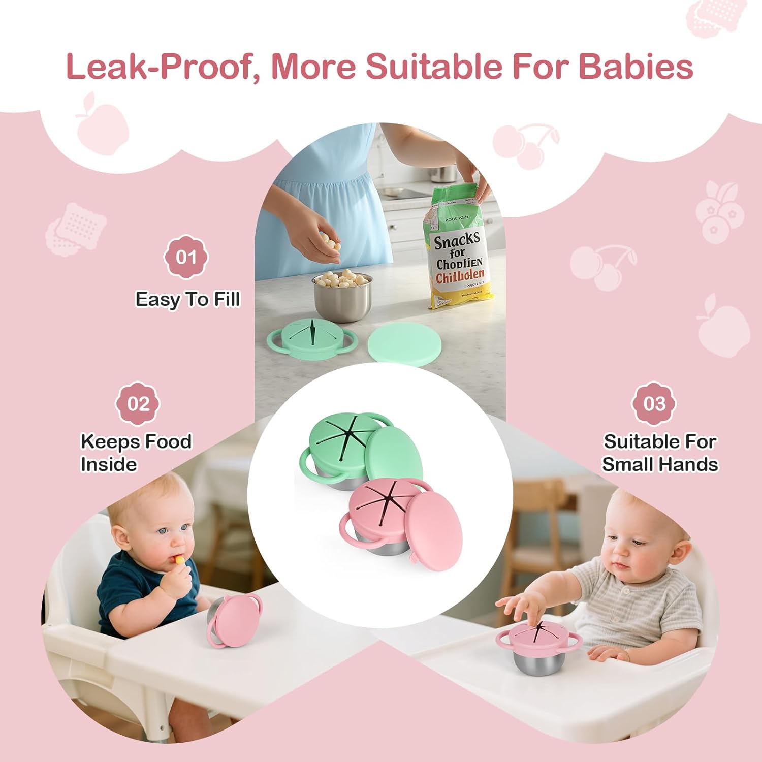 2 Pack Snack Cups for Toddlers Spill Proof - Detachable Stainless Steel Toddler Snack Cups with
