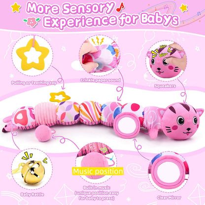 Baby Toys 0 to 12 Months, Stuffed Animal Infant Tummy Time Toys Sensory Toys with Crinkle Rattles Textures and Mirror Gifts for Newborn Boys Girls, Cat Caterpillar Musical Toys (Pink)