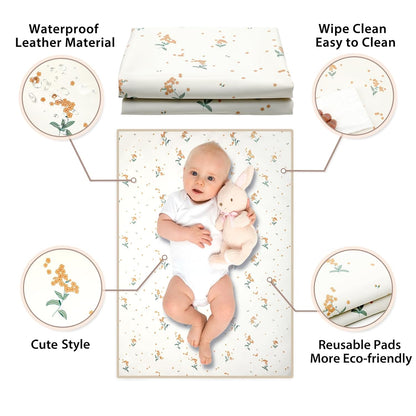 Vegan Leather Baby Changing Mat - Wipeable Portable Changing Pad, Foldable Travel Changing Mat for Baby, Newborns Toddlers Shower Gifts (Orange Floral,20"*28")