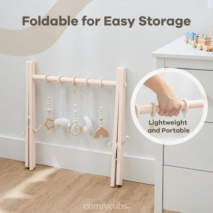Comfy Cubs Wooden Baby Play Gym - Natural Finish Pinewood Baby Activity Gym with 5 Sensory Hanging Toys - Easy No-Tool Assembly, Safe and Durable for Infant Motor and Visual Development - Blush