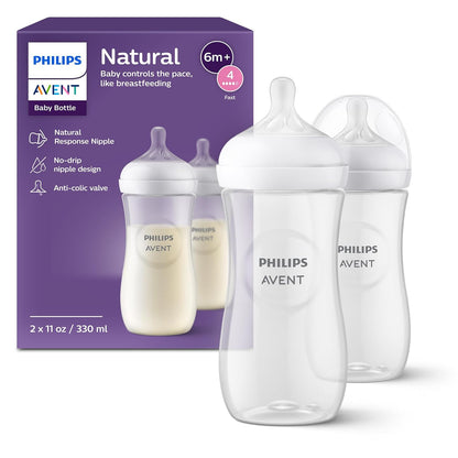 Philips Avent Natural Baby Bottles with Natural Response Nipples (Fast Flow, Flow 4), 11oz, 2-Pack
