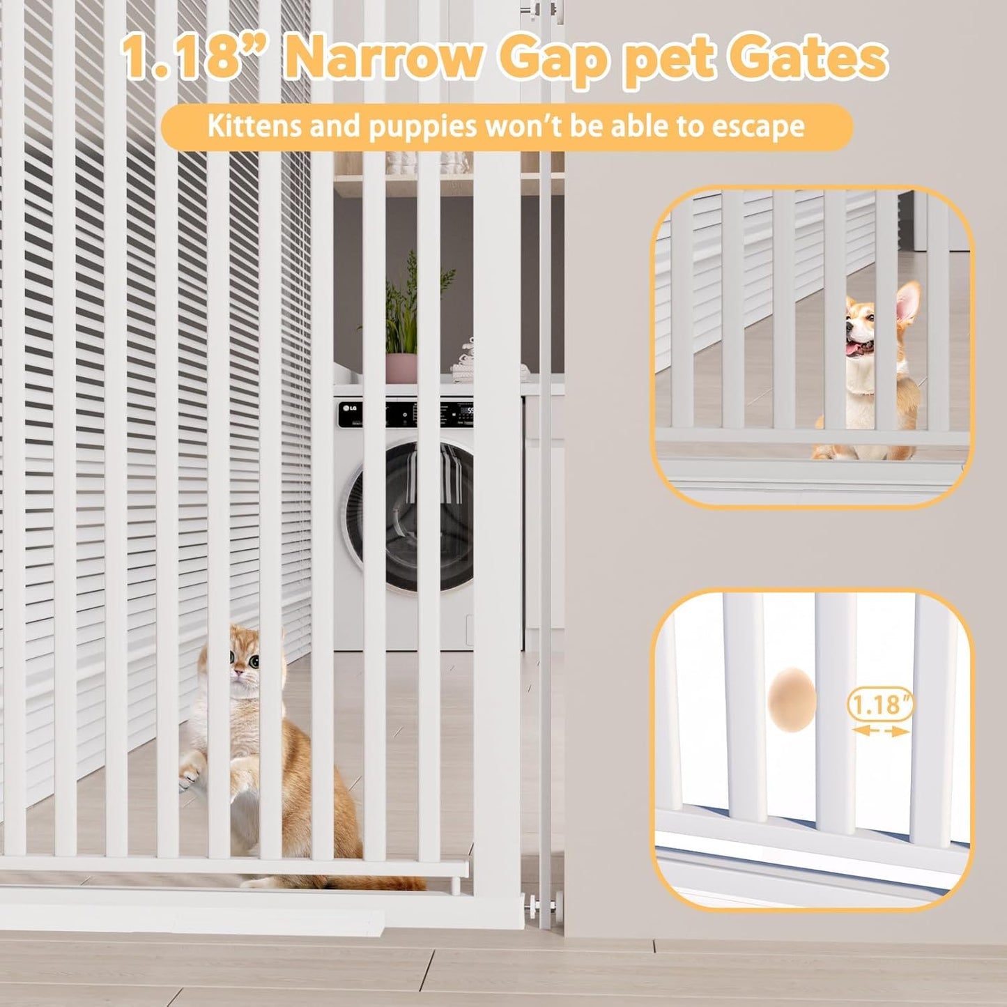 Glaf Extra Tall Pet Gate 63" Pressure Mounted Cat Door Safety Metal Cat Gate Adjustable Width Dog Door Auto-Close Dog Gates for Doorways, Stairs, Kitchen, Hallway (White, 29.92-33.46")