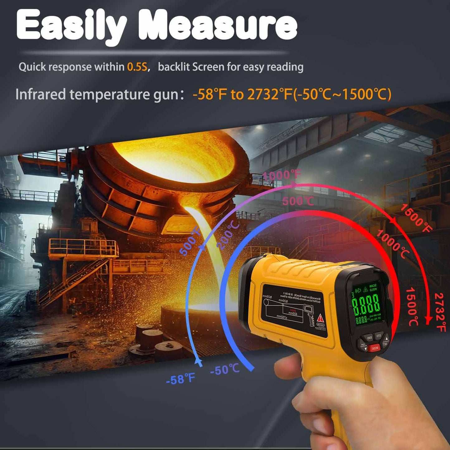 Infrared Thermometer High Temperature Gun -58℉~2732℉, 50:1 Distance Ratio, Digital Laser IR Temp