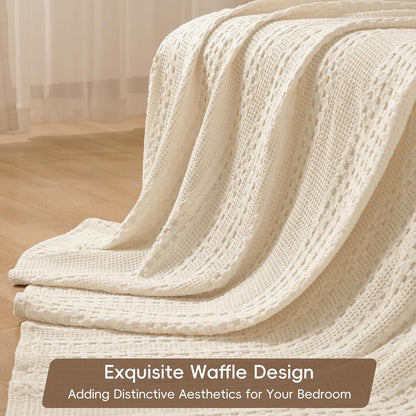 PHF 100% Cotton Waffle Weave Blanket Queen Size, Soft Lightweight Breathable Cozy Summer Blankets for Bed, Luxury Aesthetic Woven Bedding for Home Decor, 90"x90", Undyed