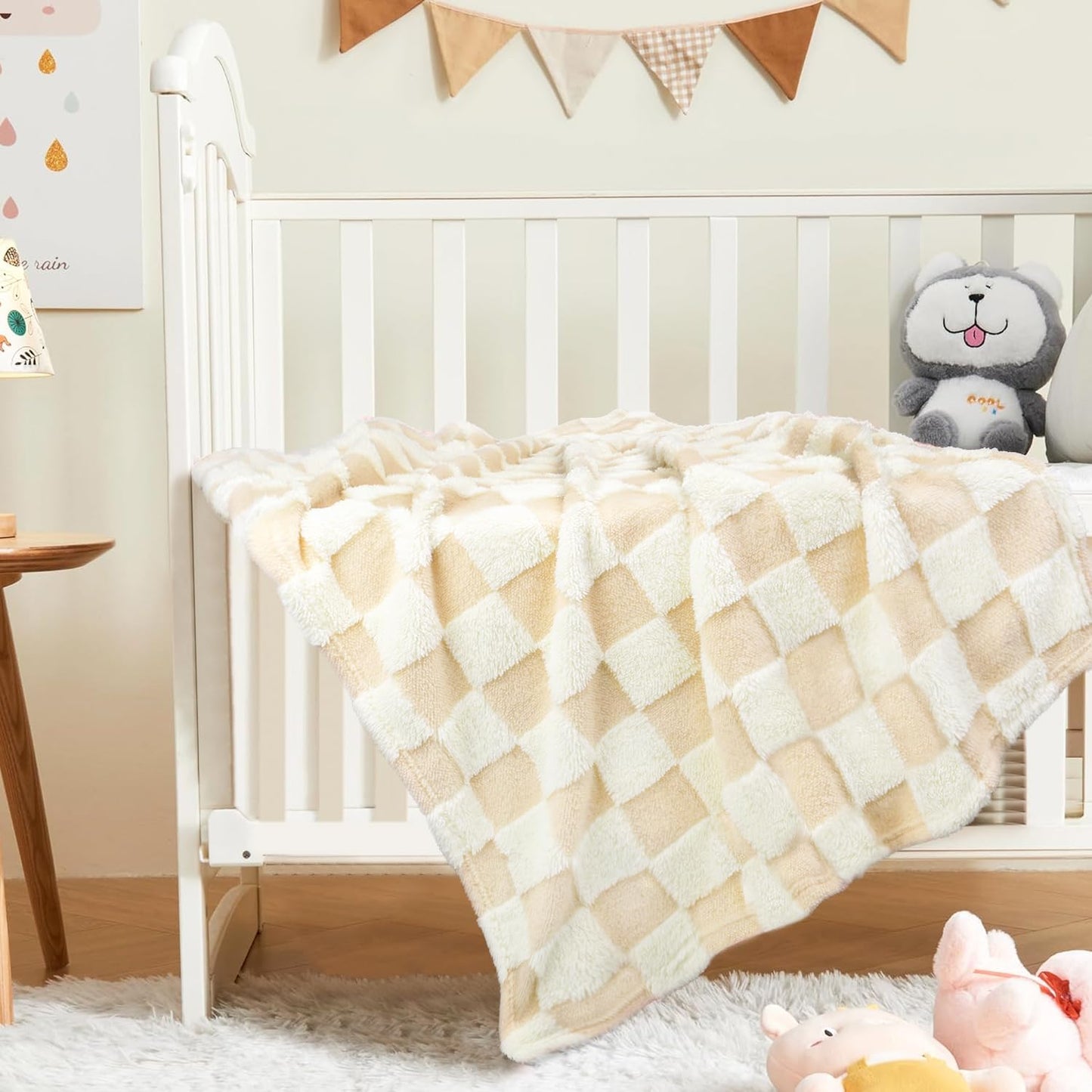 HOMRITAR Baby Blanket for Unisex Soft Cozy Reversible Checkerboard Toddler Blankets, Fluffy Fuzzy Plush Lightweight Bed Blanket with Chessboard Grid Design 350GSM Khaki 30 x 40 Inch