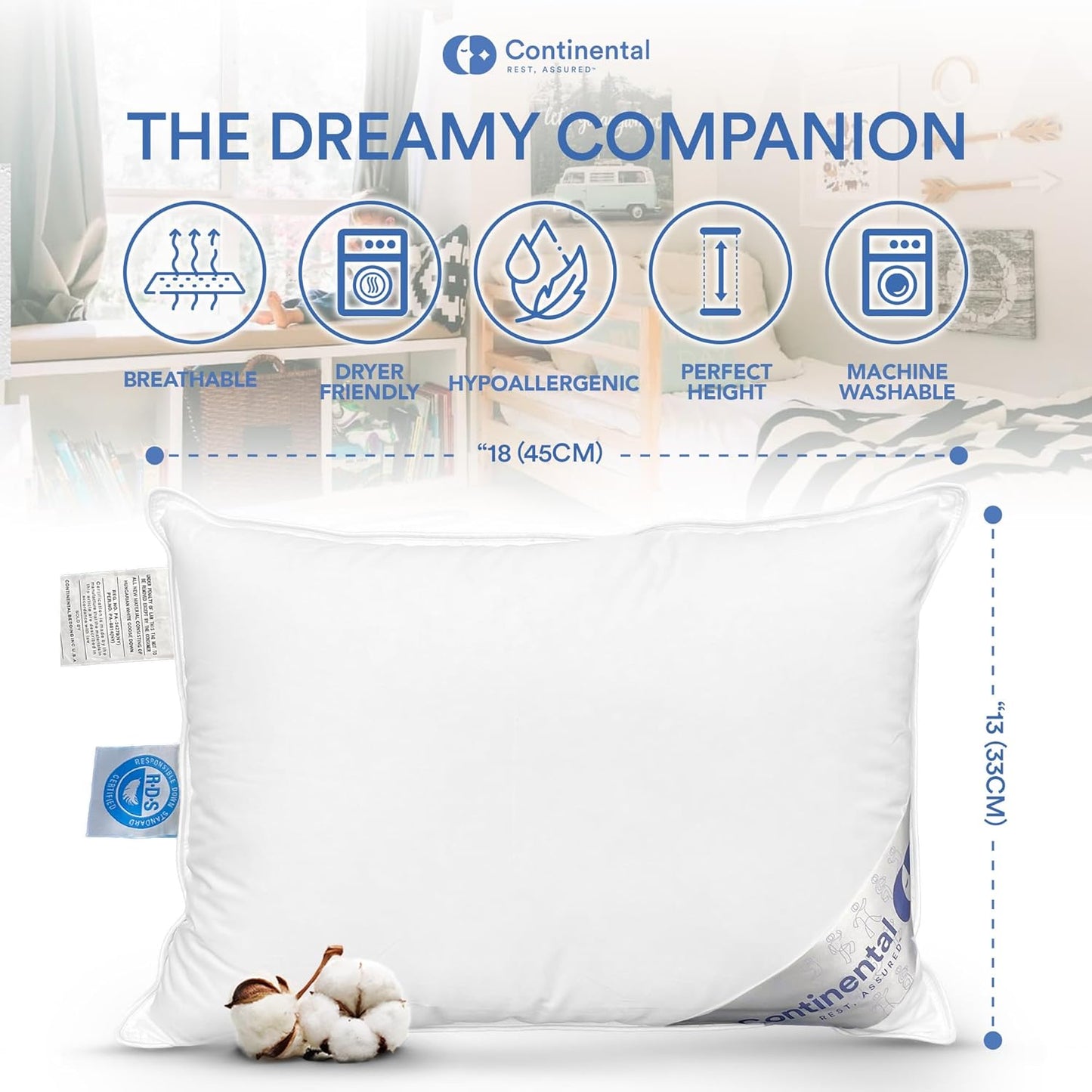 Continental Bedding Child-Down, 13x18 Firm Pillow, White