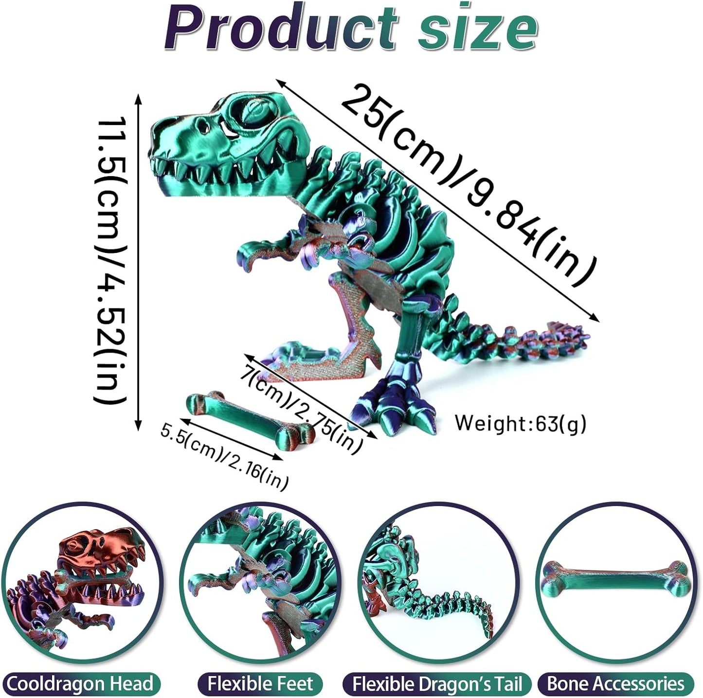 3D Printed Dinosaur Bone Skeleton Tyrannosaurus Rex with Movable Jaw Fidget Dinosaur Toys Full Articulated Dinosaur Executive Desk Toys Home Office Decor, Green Mix Purple