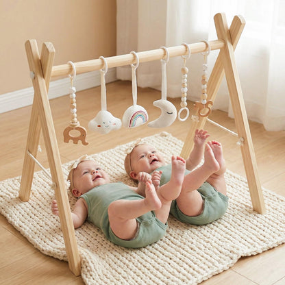 Mallify Wooden Baby Gym with 6 Gym Toys, Foldable Baby Play Gym, Natural Pine Wood Play Gym, Frame