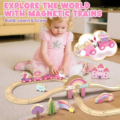 Lehoo Castle Wooden Train Set for Girls, Pink Unicorn Train Set