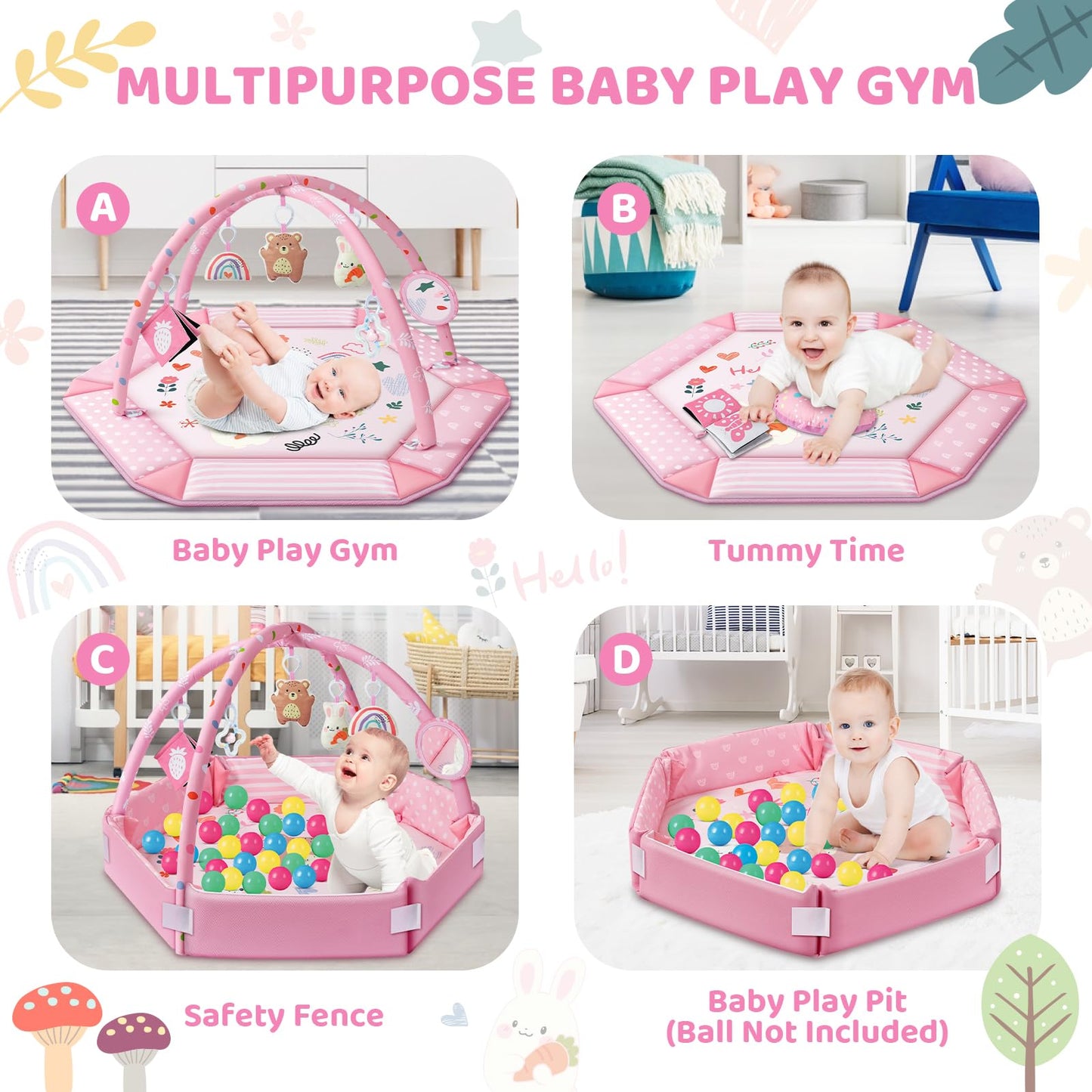 Baby Gym Play Mat, 8-in-1 Tummy Time Mat & Ball Pit with 6 Toys, Washable Baby Activity Mat for