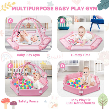 Baby Gym Play Mat, 8-in-1 Tummy Time Mat & Ball Pit with 6 Toys, Washable Baby Activity Mat for