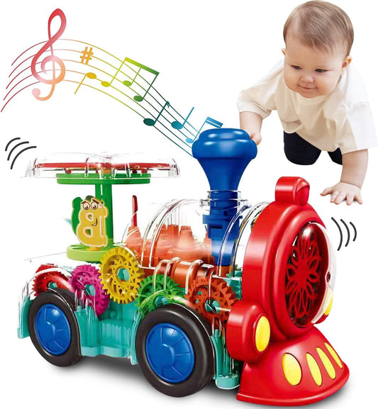 Transparent Sensory Train Toy - Fun and Interactive Toy for Kids - Music Train with LED Light up - Colorful Moving Gears -Tummy Time Crawling Baby Toys - Birthday Gift Idea for Boys & Girls