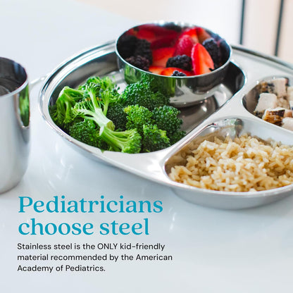 Ahimsa Stainless Steel Kids Dinnerware Set - 5 Piece Toddler Plates and Bowls Set, Pediatrician Designed, Includes Non Toxic Toddler Plate and Bowl, Kids Utensils and Cup (Classic Stainless Steel)