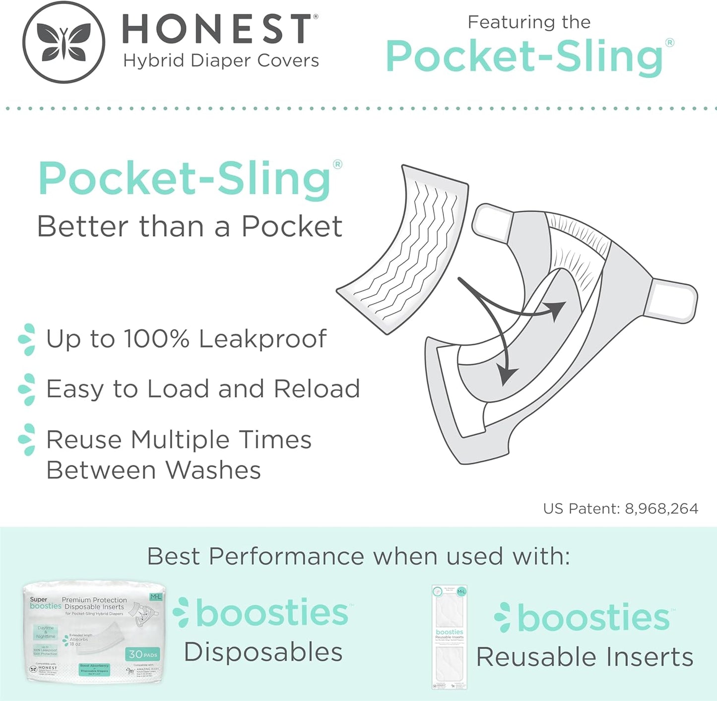 Super Boosties 96ct + Honest Hybrid Cloth Diaper Cover with Pocket-Sling, Small (8-15 lbs), Stops Nighttime Leaks, Boosties Disposable Diaper Inserts, Honest Cotton Muslin Covers, 3 Pack