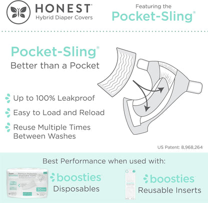 Super Boosties 96ct + Honest Hybrid Cloth Diaper Cover with Pocket-Sling, Small (8-15 lbs), Stops Nighttime Leaks, Boosties Disposable Diaper Inserts, Honest Cotton Muslin Covers, 3 Pack