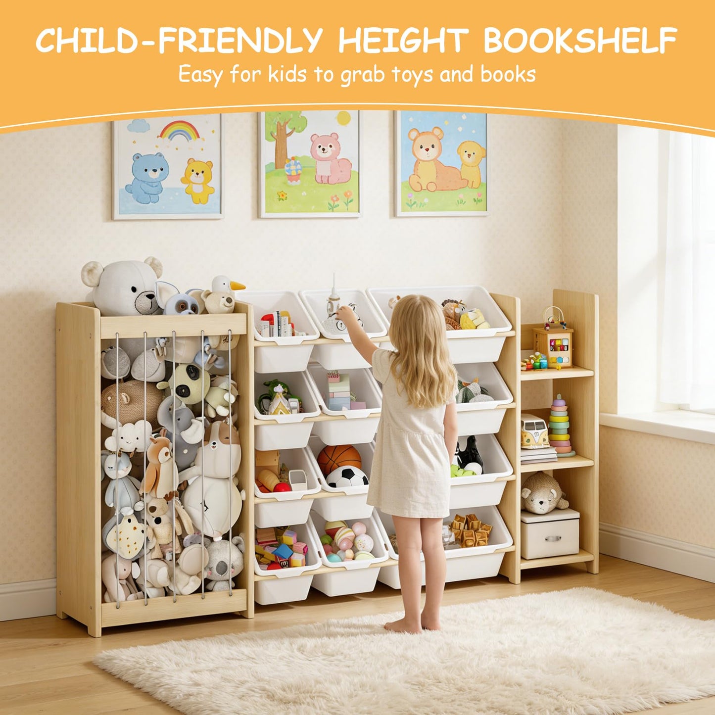 EXPERLAM 3-in-1 Toy Storage Organizer, Stuffed Animal Holder & 3-Tier Bookcase, Solid Wood Toy