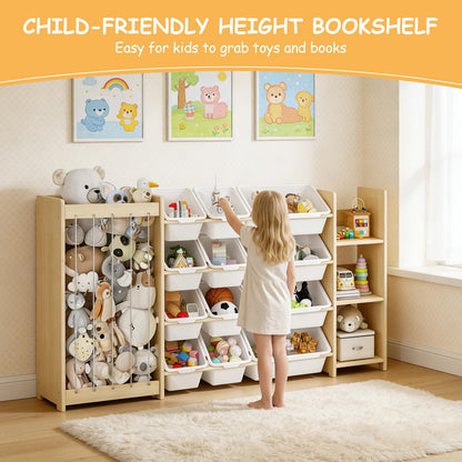 EXPERLAM 3-in-1 Toy Storage Organizer, Stuffed Animal Holder & 3-Tier Bookcase, Solid Wood Toy