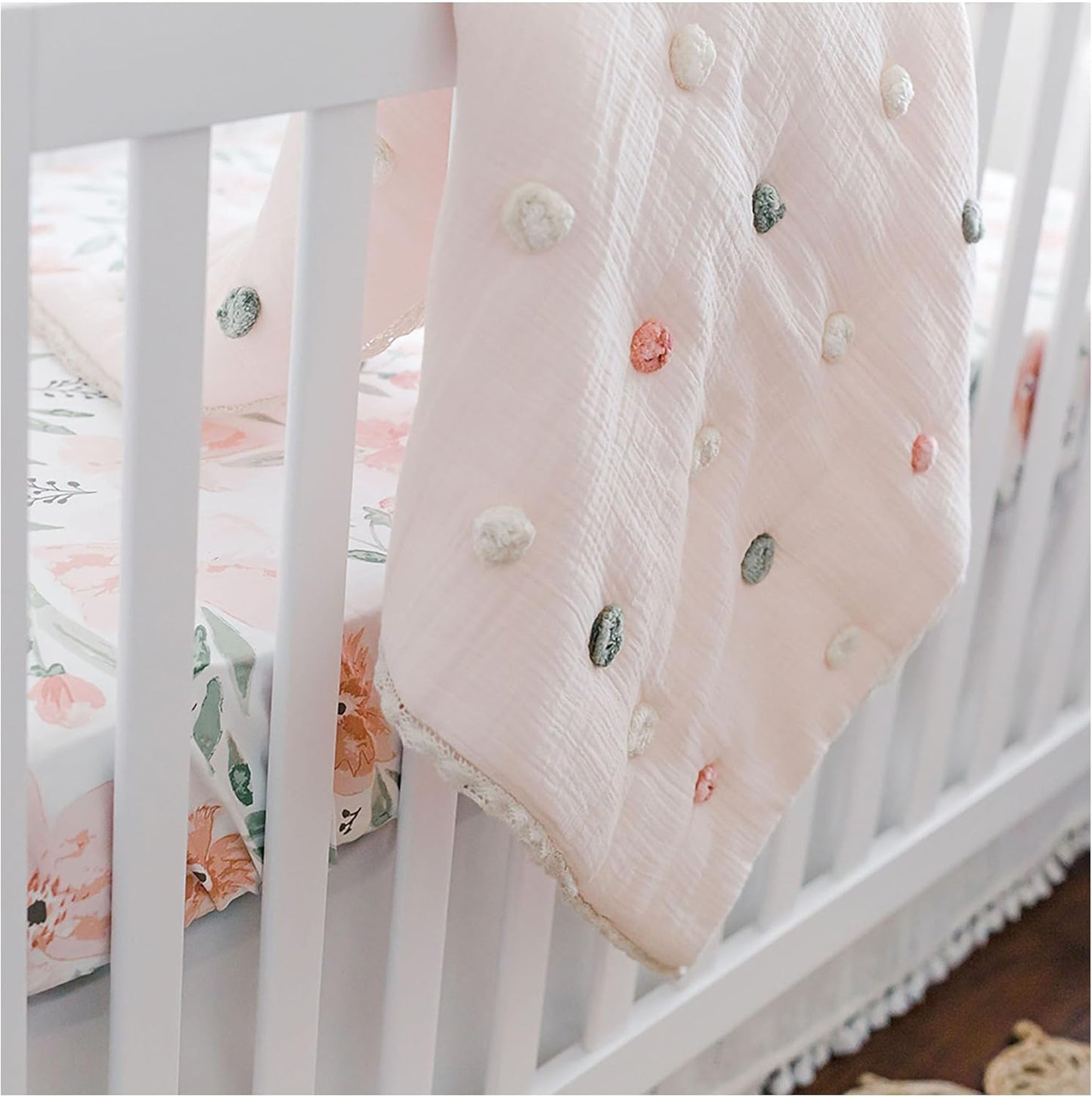 Crane Baby Soft Cotton Muslin Nursery Blanket with Pom Pom Trim, 36" X 36", Stroller Blanket for