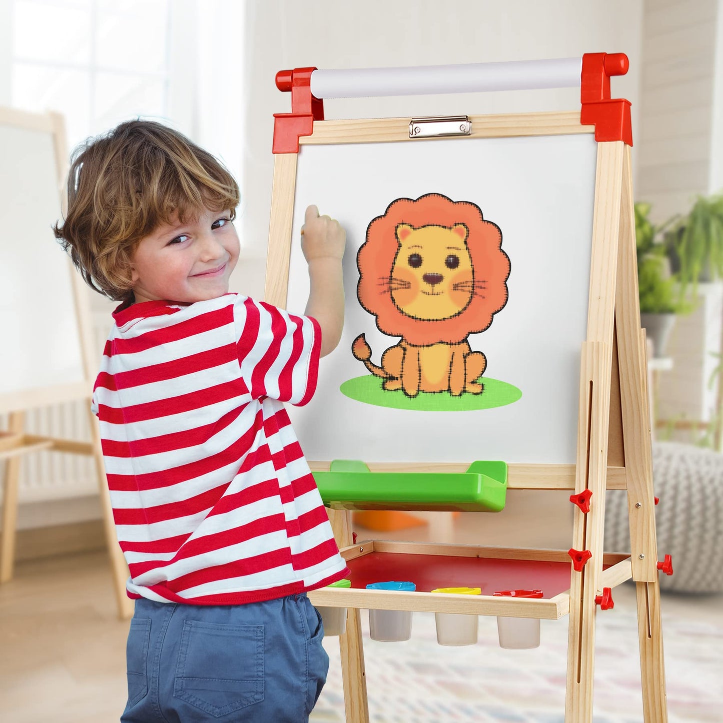 JOYOOSS Kids Wooden Easel with Paper Roll - Adjustable Magnetic Double Sided Drawing Board