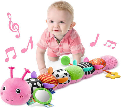 LIGHTDESIRE Baby Toys Musical Caterpillar,Infant Toys Stuffed Animals with Ruler Design,Mirror,Pull String&Ring Bell,Baby Teething Toys for Tummy Time Toys Newborn Gifts 3 6 12 Months(Pink,Leafy Limb)