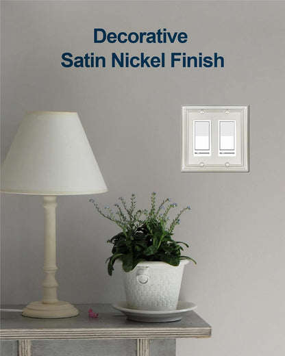 2-Pack Double Decorator Outlet Covers, Satin Nickel Wall Plates for Dimmer Switch, GFCI Outlet and Receptacal, Durable Metal, Midsize