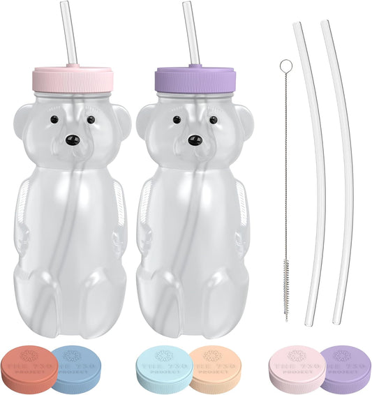 Honey Bear Straw Cup for Babies, Honey Bear Cups with Travel Lid, 2-Pack Therapy Learning HoneyBear Straw Sippy Cup for Toddlers, Cherry Blossom & Unicorn, 8 oz