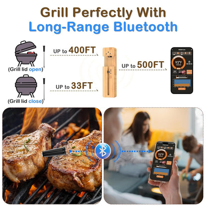 Real-Time Alerts Wireless Meat Thermometer - Smart Bluetooth Meat Probe for Grill, BBQ, Oven