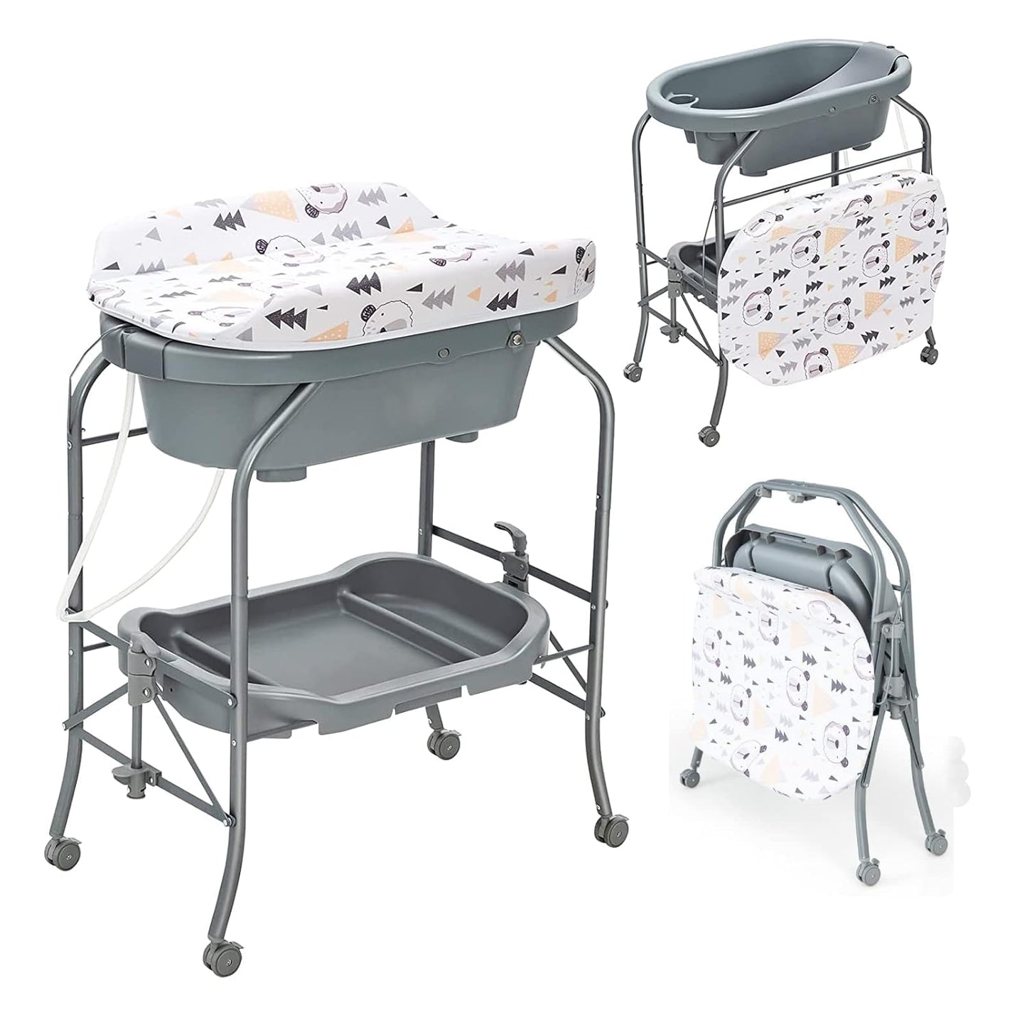 HONEY JOY Baby Changing Table with Bathtub, Foldable Infant Diaper Changing Station with Wheels